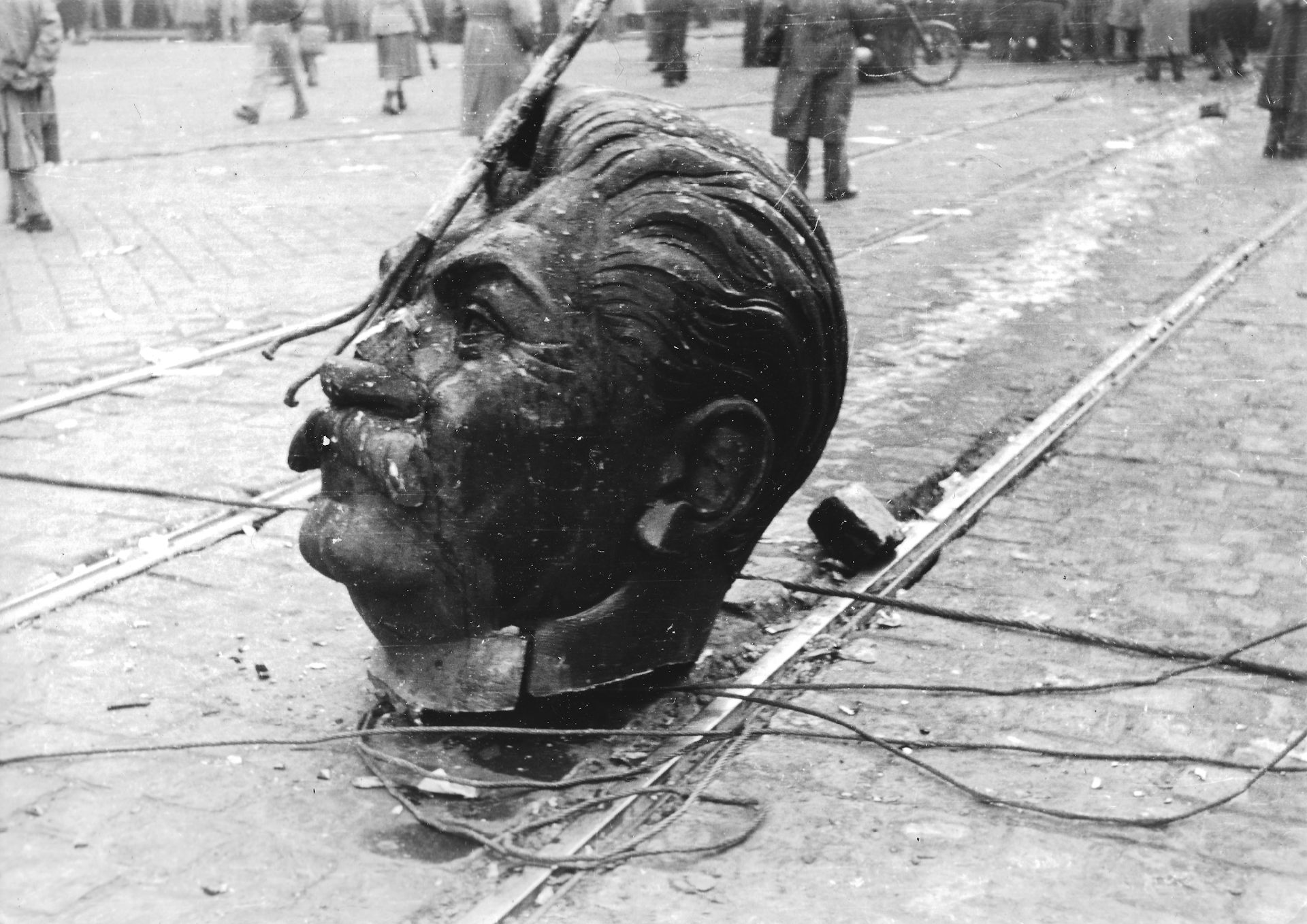 The head of a Stalin statue in Budapest lying on the road.
