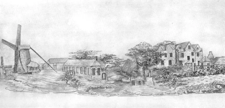 A 19th-century drawing of Drax Hall plantation in Barbados.