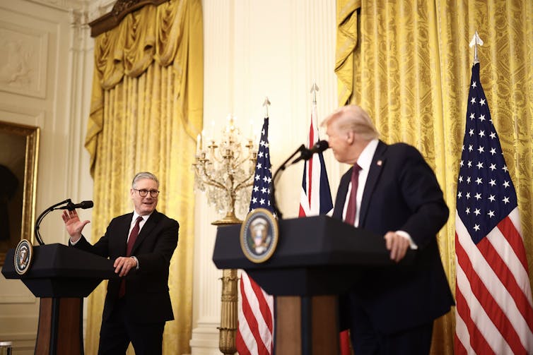 What the United Kingdom’s ‘Nato-first’ defence method tells us about Britain’s position in a unstable international 1 Starmer and Trump at podiums speaking in the white house