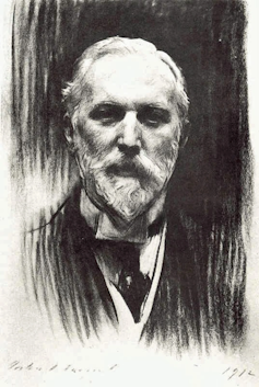 A drawing of a Victorian man with a white beard.