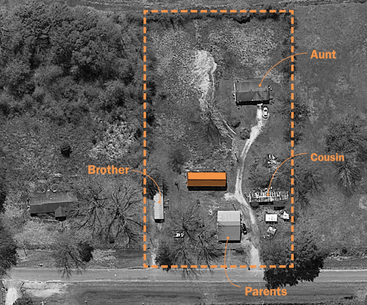 A bird's eye image of a piece of property with multiple homes