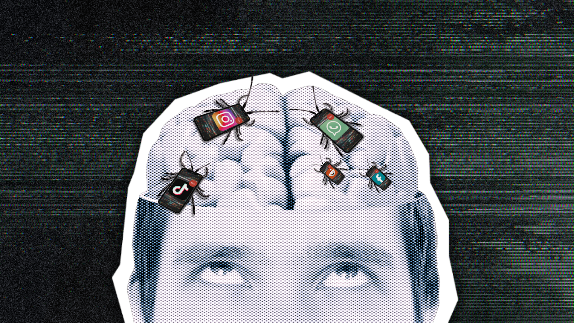 Illustration d'une personne avec des insectes rampant sur son cerveau, recouverte de petits logos d'applications mobiles populaires.