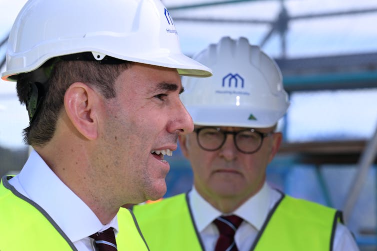 Jim Chalmers and Anthony Albanese in hi-viz and hard hats