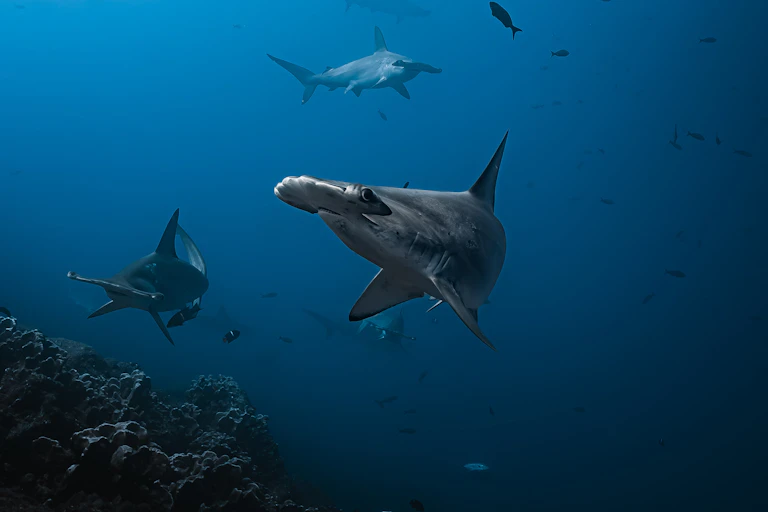 Plusieurs requins-marteaux, dont un au premier plan, nagent près d'un récif.