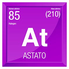 Fleta ku shfaqet simboli kimik i astatit (At), numri atomik dhe masa atomike.