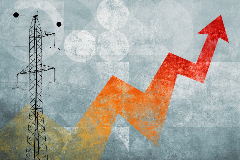 An illustration with a large electricity transmission tower and wires, with an orange and red arrow climbing jaggedly upwards.