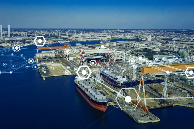 Port d'une ville avec des graphiques représentant les données.