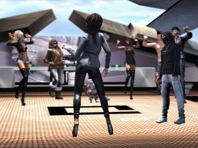 Several robot-like figures stand in a circle, some with their hands raised.