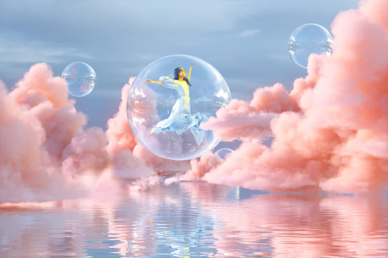 A dreamlike illustration of a ballerina in a transparent bubble as she floats through pink clouds.
