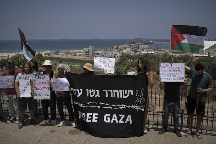 ¿Es la intercepción israelí de la libertad legal de gasa legal? 3 El grupo de personas posee señales de protesta y una bandera palestina cerca del puerto; El agua azul se ve detrás de ellos.