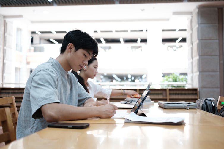 Two students sit side by side studying in a library.