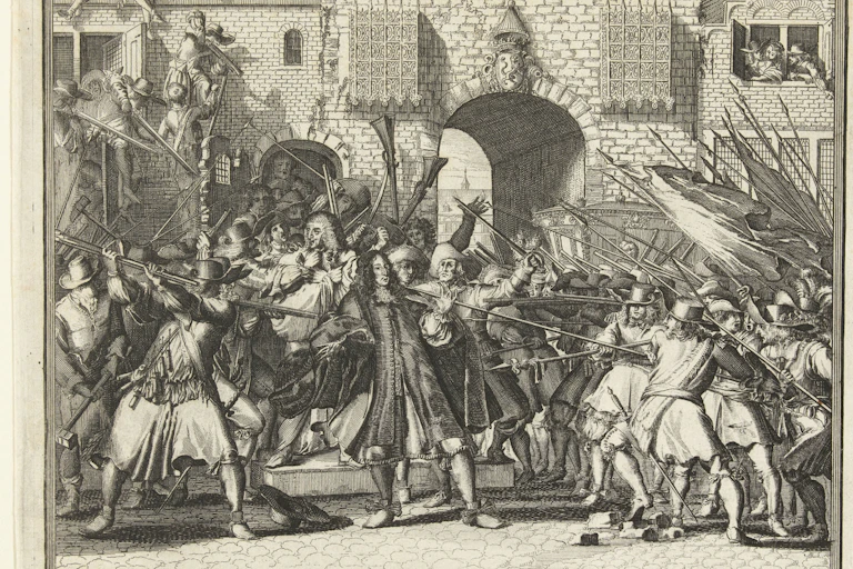 Etching of a man being captured in a crowd.