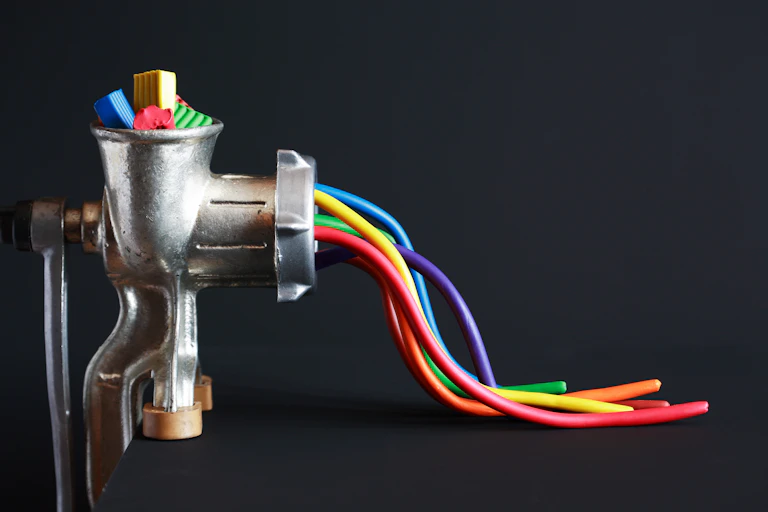 Colourful pieces of plastic being ground up in a meat grinder.
