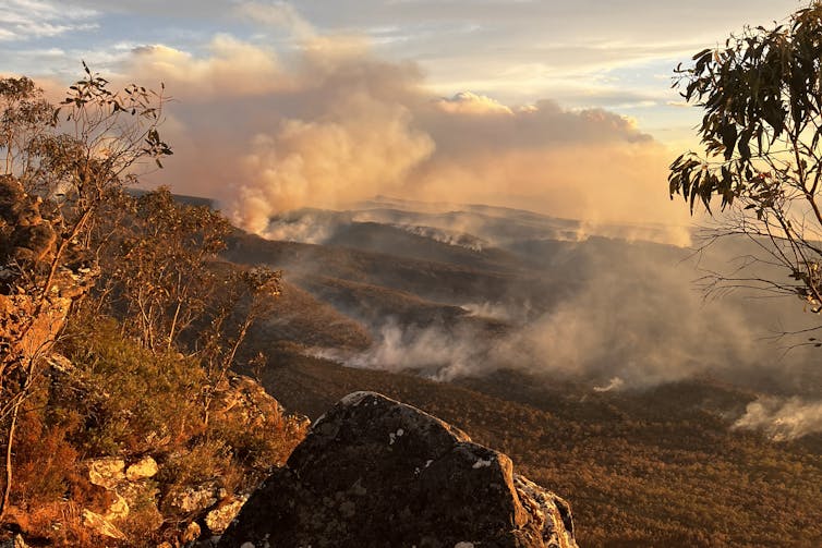 Smoke rises above charred land.