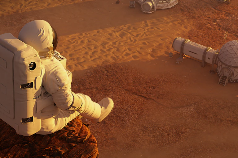 Astronaut on planet Mars, sitting on a cliff above a research station.