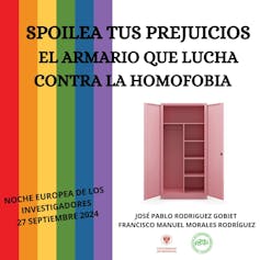 La bandera LGTB+ junto a un armario abierto de color rosa invita a abandonar prejuicios.