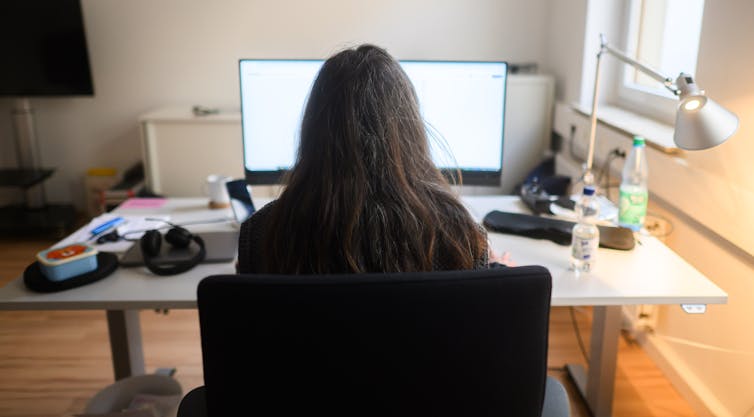 A woman in front of a computer screen.