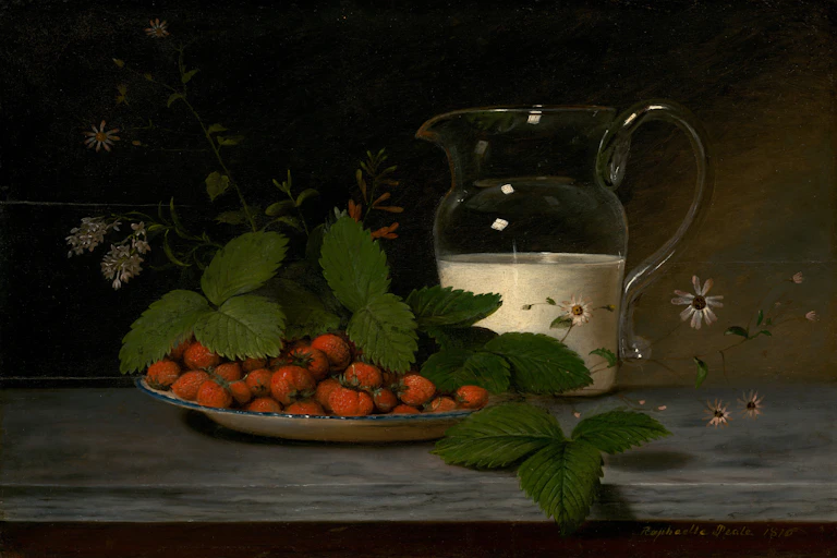 Painting showing a plate of strawberries and a jug of cream