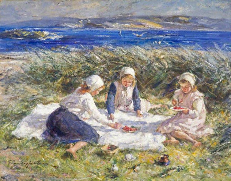 Painting of three girls having stawberries at a picnic.