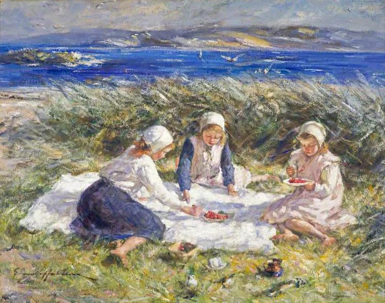Painting of three girls having stawberries at a picnic.