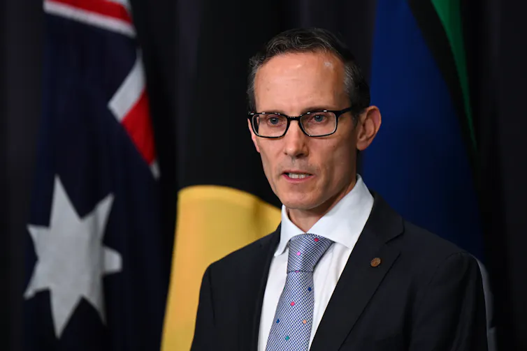 Andrew Leigh in a suit and tie speaking to the media in front of an Australian flag