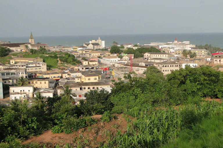 View of a town, from a hill towards the sea