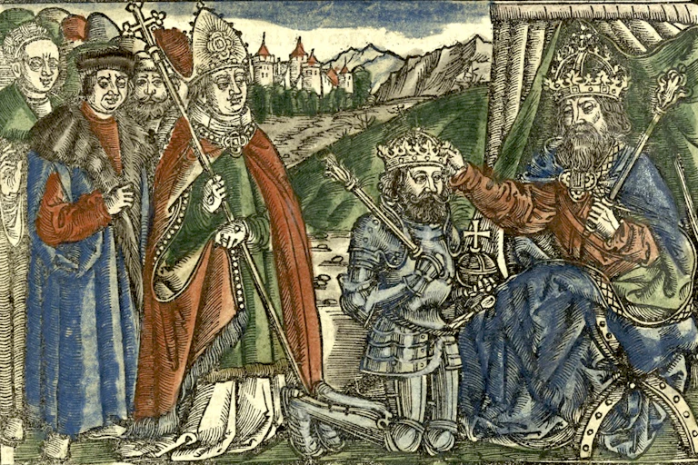 Medieval illustration showing a kneeling man being crowned.