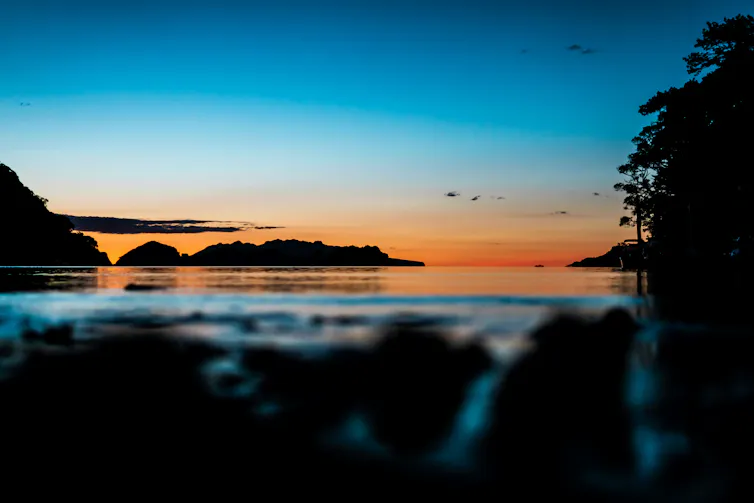 A wistful landscape of a pastel sunset above a lake with hills and birds silhouetted against it.