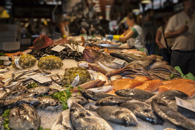 Diferentes tipos de pescados y mariscos sobre hielo en un mercado