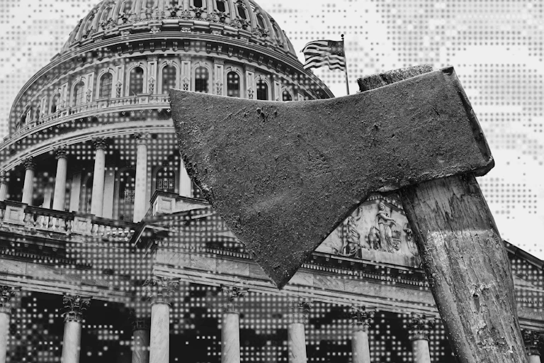 A large ax superimposed on a big building with columns and a dome.