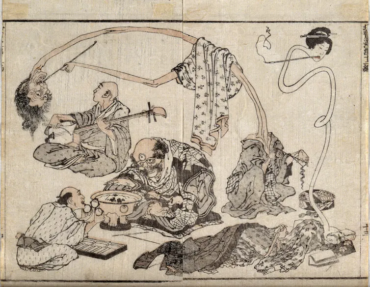 Hokusai, Un opticien présente des lunettes à un homme à trois yeux, sous le regard d’un homme et d’une femme au cou fantastiquement allongé et fumant la pipe ; un moine jouant du shamisen détourne le regard, La Manga, vol. XII, 1834, collection pa