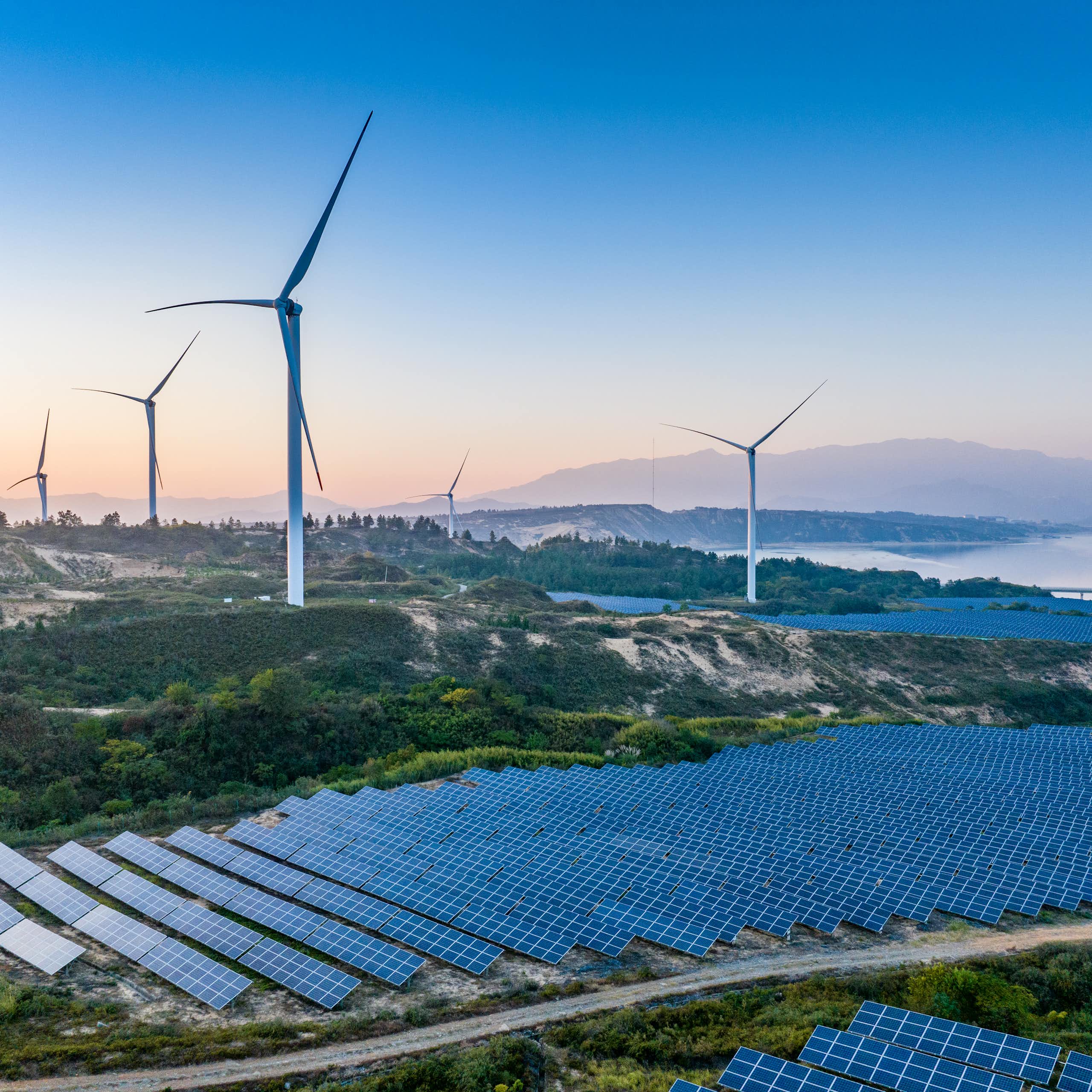 Rolling hills with giant sets of solar panels in lines of about 30 and several big wind turbines dotted over them