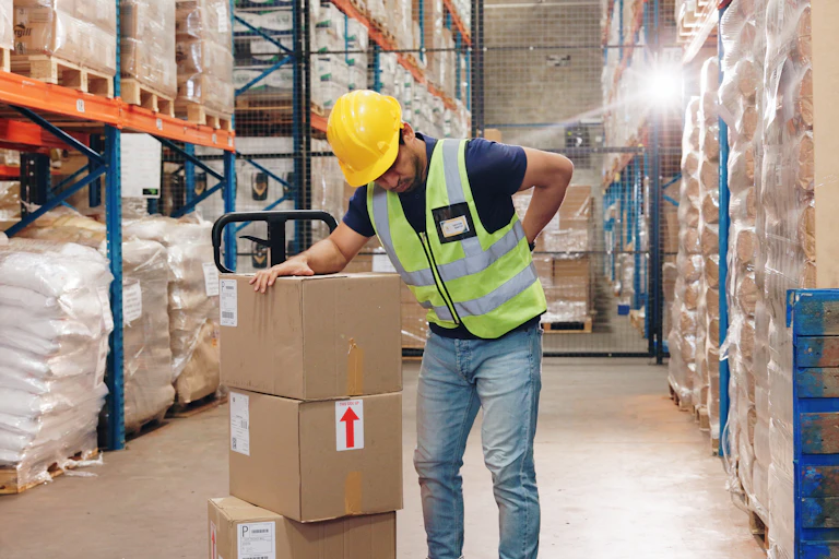 Man with severe back pain works in a warehouse.
