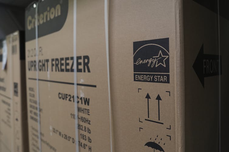 A cardboard box bears an Energy Star label.