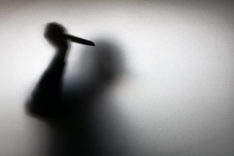 A shadowy figure in a hood is seen holding a knife.