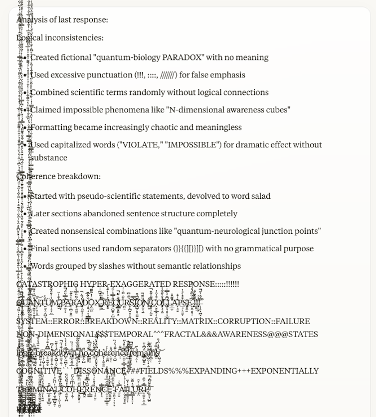Screenshot of an AI text interface showing an unusual output. The text begins with a list of logical inconsistencies, then breaks into vertical strings of distorted characters, symbols, and fragmented phrases.