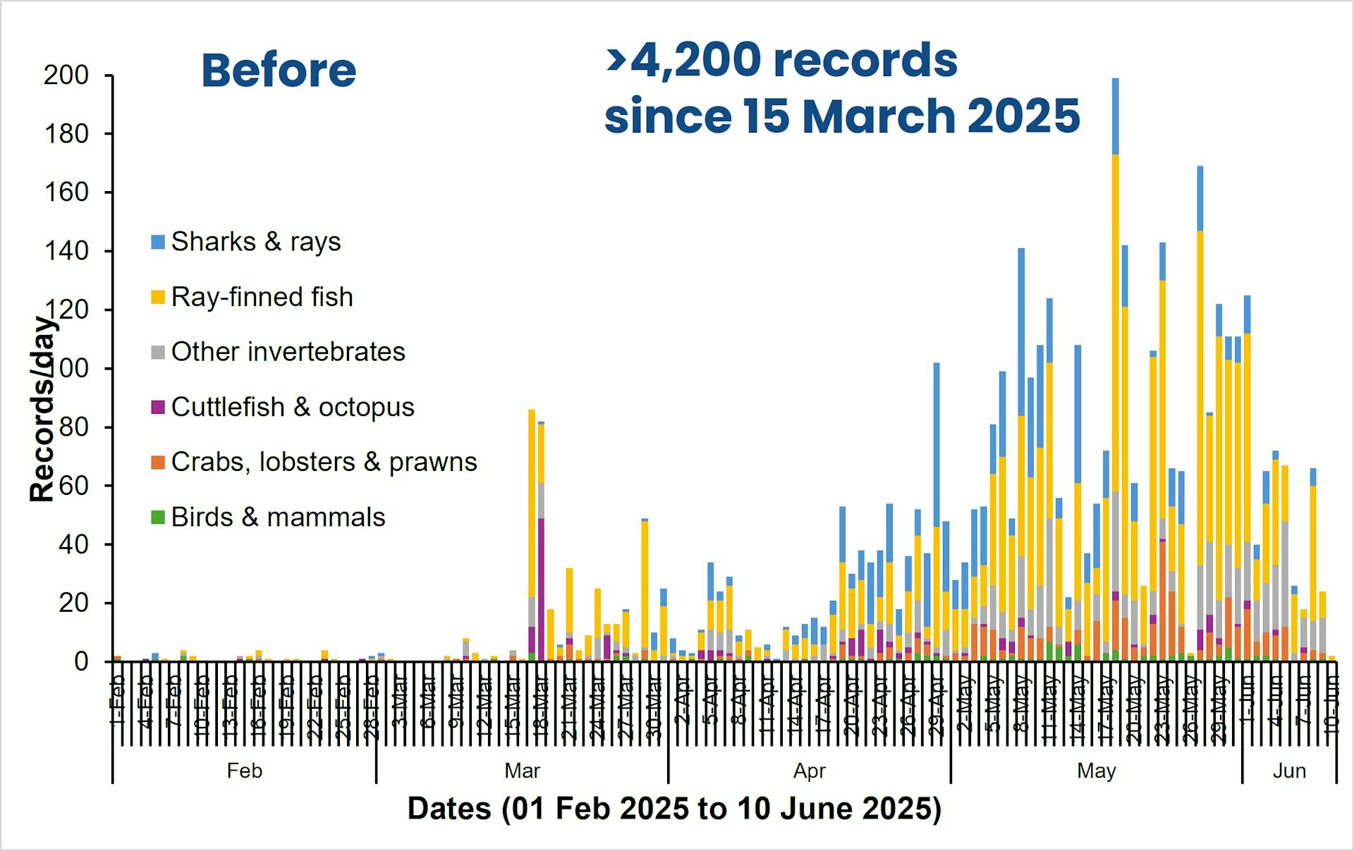 A chart showing iNaturalist records of dead marine life over time, showing a vast increase in recorded deaths since March 15, 2025
