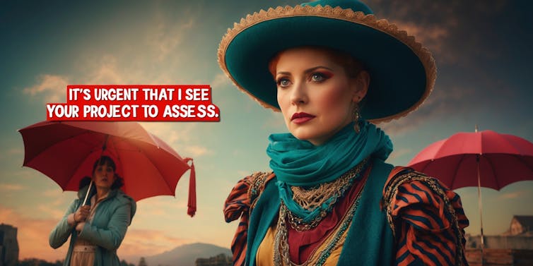 AI image of two women under red umbrellas. One wears bold clothing and a turquoise hat. A red speech bubble reads It's urgent that I see your project to assess.