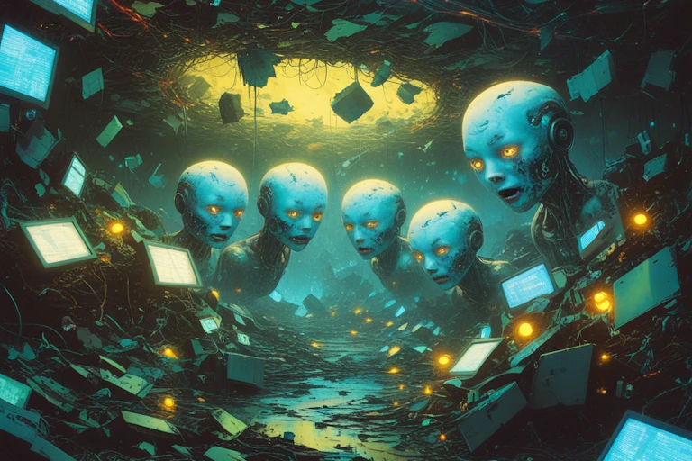 AI-generated image showing humanoid robots drifting through a glowing digital tunnel strewn with broken screens, laptops, and debris. The words “The Slopocene” appear above them in neon.