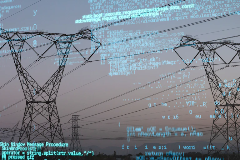 Torres de alta tensión con comandos informáticos superpuestos