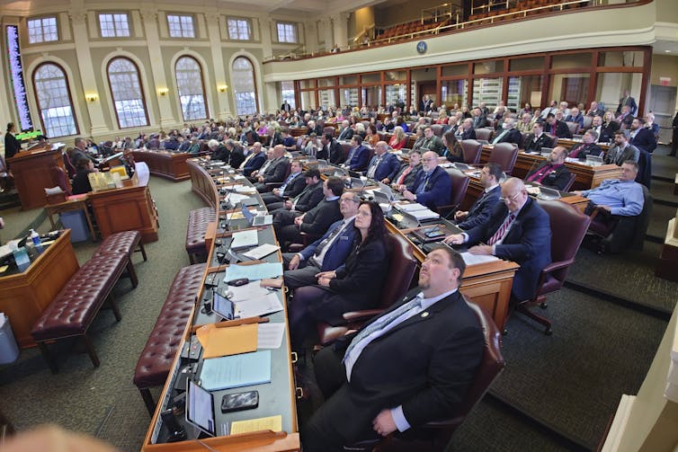 A large chamber filled with people sitting at long desks.