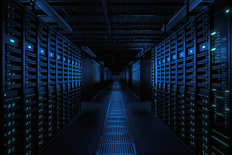 Inside a dimly-lit data centre