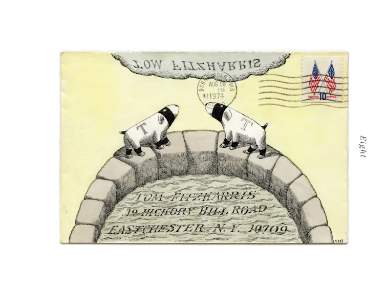Two cartoon dogs drawn walking along the lip of a circular stone well.