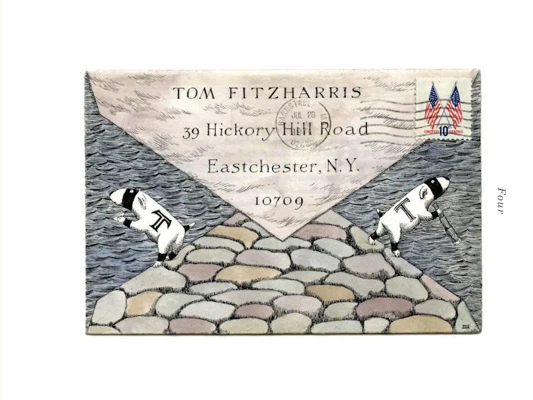Two cartoon dogs drawn onto an envelope standing on opposite sides of a getty, peering into the water.