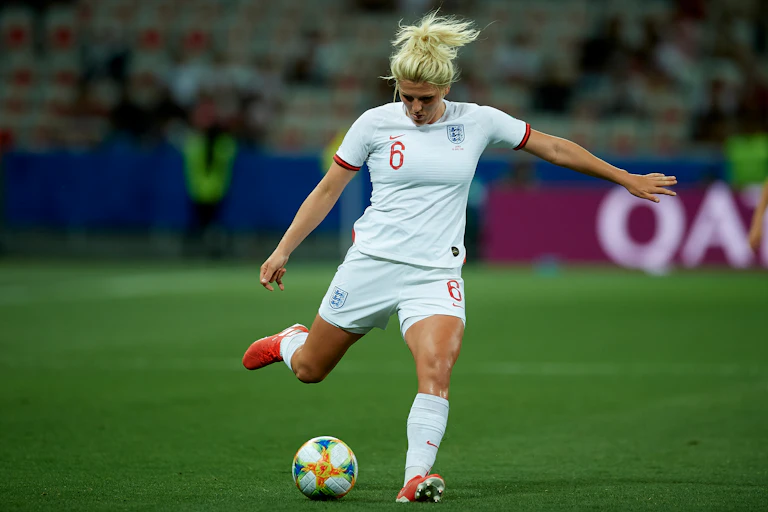 Millie Bright (Chelsea Fcw) of England shooting to goal during the 2019 FIFA Women's World Cup France group D match between Japan and England at Stade de Nice on June 19, 2019 in Nice, France.