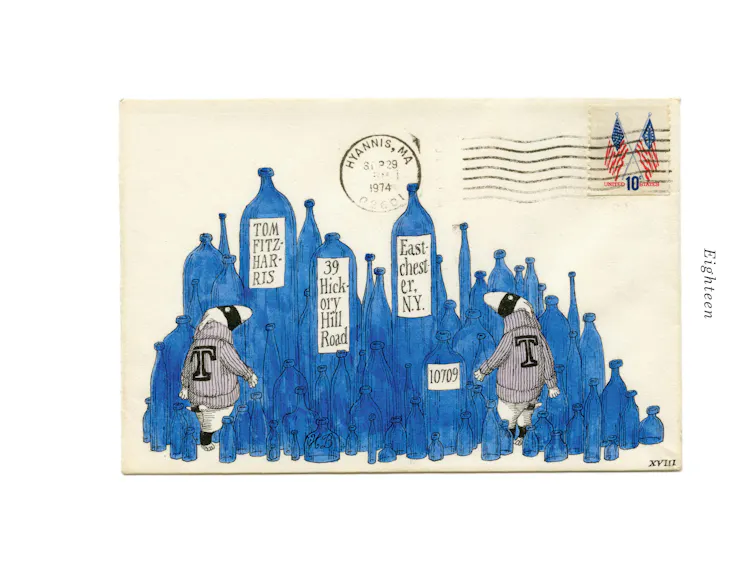 Two cartoon dogs drawn on an envelope surrounded by blue bottles of varying heights.