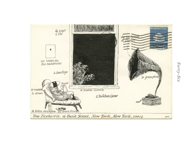 Drawing of dog reclining on chair, listening to gramophone next to an open window at night.