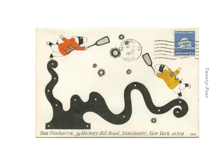 Drawing of two cartoon dogs on an envelope playing paddleball.