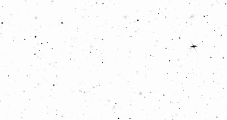 Rubin simulation with PhoSim, showing black dots representing stars and galaxies against a bright background