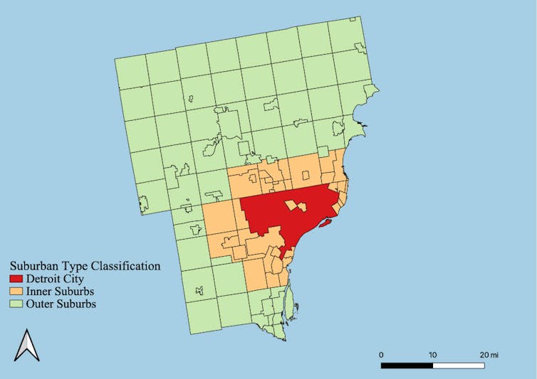 A map of Detroit and the surrounding metropolitan area. Detroit City is in red, inner suburbs in orange and outer suburbs in a light green.